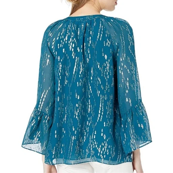Lilly Pulitzer Matilda Top in Inky Tidal - Teal Blue Metallic Dot Peasant Blouse - Picture 2 of 6